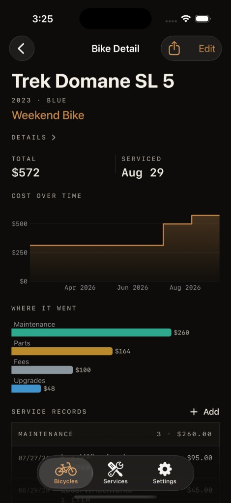 BikeStable bike detail screen showing costs, service history, and maintenance categories